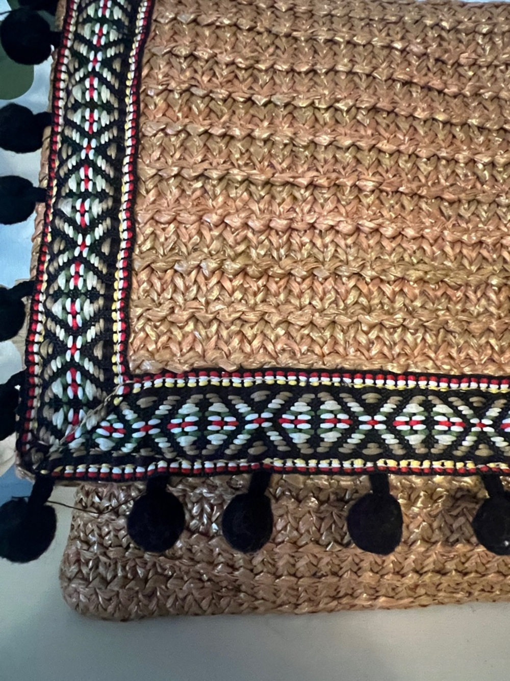 Woven Straw Clutch with Black Pom Pom Trim - Picture 2 of 8
